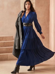 Petite Satin Tiered Maxi Dress | Banana Republic Shirt Dress Outfit, Classic Style Outfits, Long Blue Dress, Maxi Sundress, Blue Maxi, Tiered Maxi Dress, Long Sleeve Maxi, Banana Republic Dress, White Striped Dress