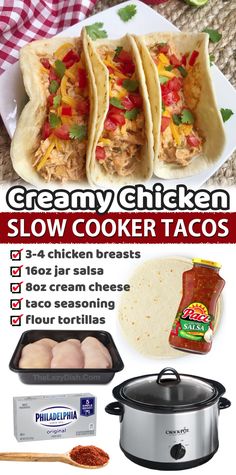 three tacos are sitting on a plate next to an open crock pot