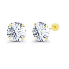 Solid 14k Gold Hypoallergenic Round Cubic Zirconia Solitaire Stud Earrings For girls With Secure Ball Screw Backs For Women Earrings For Girls, Back Round, Solitaire Studs, Girls Earrings, Stud Earring, Yellow Color, Or Rose, Yellow White, For Girls