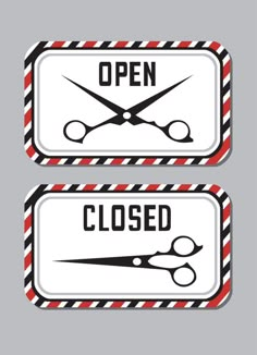 two labels with scissors and the words open and closed on them, both in black and red stripes