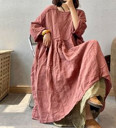 Smock Dresses For Women, Linen Long Dresses For Women, Oversized Linen Dress, Linen Clothes Dresses, Loose Linen Dress, Long Linen Dresses, Vintage Linen Dress, Linen Loose Dress, Red Linen Dress