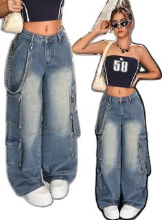 Blue High-waist Y2k Cargo Jeans, Y2k Denim Bottoms With Pockets, Y2k Style Straight Leg Blue Cargo Jeans, Y2k Style Blue Straight Leg Cargo Jeans, Y2k Style High Rise Blue Cargo Jeans, Y2k High Rise Blue Cargo Jeans, Blue High Rise Cargo Jeans Y2k Style, Y2k Denim Bottoms With Five Pockets, Y2k Denim Blue Flare Jeans With Pockets