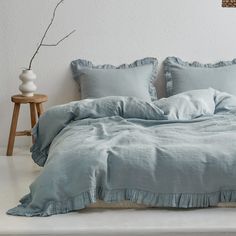 PRICES MAY VARY. What You Can Get-3 pieces bedding set includes 1 duvet cover and 2 pillow shams（not include the comforter）Size:King duvet cover size is 104" x 92", 2 pillow shams: 20" x 36";Every set includes 2 spare buttons. Unique Design-Button closure,the fasteners are hidden for a seamless look，which is pretty and classic.There are 4 corner ties which ensure your comforter remains immovable in the cover. There are beautiful ruffles on 3 sides,extra long to cover the bed's border on(The ruff Belgian Linen Duvet Covers, Ruffled Duvet, Twin Size Duvet Covers, Ruffle Duvet Cover, Work Space Decor, Linen Sheet Sets, Linen Duvet Cover, Farmhouse Bedding, Sectional Sofa Couch