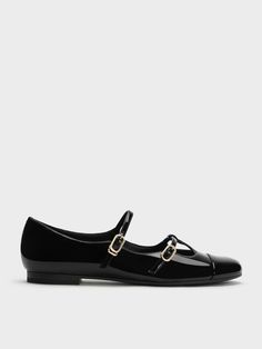 Black Boxed Double-Strap T-Bar Mary Janes Classic Black Patent Leather Mary Janes, Chic Patent Leather Mary Janes With Buckle Closure, Modern Black Mary Janes For Work, Modern Black Mary Janes With Buckle Closure, Size Chart For Kids, Faux Leather Heels, Charles Keith, Mary Jane Flats, Low Block Heels