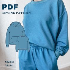 a woman wearing a blue sweatshirt and sweatpants with the text sewing pattern on it