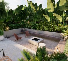 an outdoor living area with lots of plants and furniture on the ground, including two lounge chairs