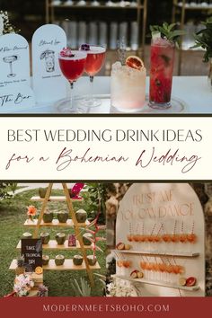 the best wedding drink ideas for a bohemian wedding, including drinks and desserts on display