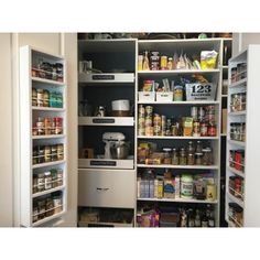 an open pantry with lots of food in it