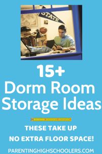 an advertisement for dorm room storage ideas, with two men working on laptops in the background