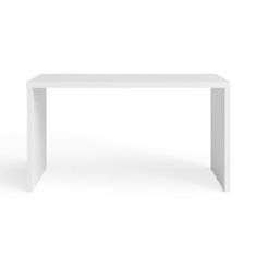 a white table on a white background with no one around it and an object in the foreground