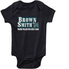 Philadelphia Eagles Aj Brown Devonta Smith 24 Baby Black Casual Onesie With Graphic Print, Black Onesie With Graphic Print For Playtime, Fitted Black Onesie With Name Print, Black Graphic Print Onesie For Playtime, Black Short Sleeve Onesie With Letter Print, Black Fitted Short Sleeve Onesie, Black Short Sleeve Onesie For Playwear, Fitted Letter Print Top For Playwear, Fitted Tops With Letter Print For Playwear