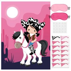 a girl riding on the back of a white horse next to pink and black accessories