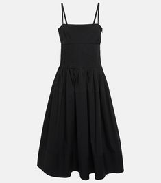 Pleated Cotton Blend Poplin Midi Dress in Black - Proenza Schouler | Mytheresa Pleated A-line Midi Dress For Daywear, Formal Cotton A-line Midi Dress, Pleated Full Skirt Midi Dress For Work, Midi Dress With Voluminous Skirt For Daywear, Voluminous Midi Dress For Daywear, Chic Cotton Dresses With Pleated Waist, Elegant Cotton Dress With Pleated Waist, Voluminous Skirt Midi Dress For Daywear, Chic Cotton Dress With Pleated Waist