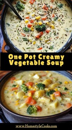 one pot creamy vegetable soup is shown in two different pictures and the other has broccoli