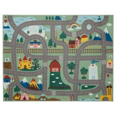 a child's play mat with roads and houses on the road in blue, green,