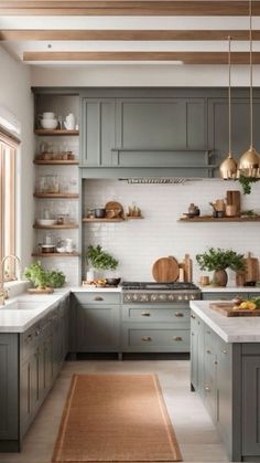 a kitchen filled with lots of counter top space next to a stove top oven and sink