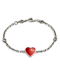 Gucci Sterling Silver & Enamel Heart Chain Bracelet Luxury Gucci Chain Bracelet As Gift, Luxury Gucci Chain Bracelet, Elegant Gucci Chain Bracelet For Gift, Gucci Sterling Silver Jewelry With Heart Charm, Gucci Luxury Jewelry With Adjustable Chain, Gucci Jewelry With Adjustable Chain For Gift, Luxury Gucci Jewelry With Adjustable Chain, Luxury Red Enamel Necklaces, Gucci Luxury Bracelets With Polished Finish