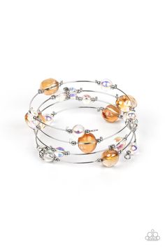 Glassy, orange and iridescent beads sporadically dot a strand of skinny wire, creating the illusion of floating spheres as they coil around the wrist in an infinity-wrap bracelet. One side of each marble-like bead is dipped in a silver coating, adding a hint of metallic shimmer to the abstract design, as rhinestone-encrusted accents add sparkling detail. Due to its prismatic palette, color may vary.

 Sold as one individual bracelet.

Get The Complete Look!
Necklace: "Interstellar Illusions - Mu Illusion Bracelet, Multi Bracelet, Infinity Wrap, Multi Necklace, Coil Bracelet, Palette Color, Paparazzi Accessories, Paparazzi Jewelry, Pink Bracelet