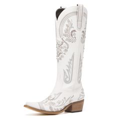 PRICES MAY VARY. 【Classic design】:These western cowboy boots are designed with fine and full handmade classic embroidery,inlayed with sparkling rhinestones, almond-shaped pointed toe, showcase a classic but elegant western style. 【All-Day Comfort】: Soft synthetic lining wicks away moisture, offers a comfortable next-to-skin feel and provides cushioning to give feet comfort. A flexible rubber outsole allows you to run and jump around while feeling comfy. 【Specifications】: Man-made, shaft measures approximately 14.5 inches from the floor, heel measures approximately 1.75 inches, boot opening measures from 15-17 inches around (not for wide calf), Convenient pull-up tags and zipper inside for easy on & off. 【Animal-Friendly】: Looks and feels like real leather: These classic women's western cow Knee High Cowgirl Boots, High Cowgirl Boots, Snip Toe Cowgirl Boots, Cowgirl Boots Wedding, Olive Boots, Cowboy Boots For Women, White Cowboy Boots, Pointed Boots, Jump Around