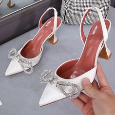 Glitter Rhinestone Women Pumps Crystal Bowknot Satin Pointed Toe High Heels Slingbacks Shoe Slip On Ladies Wedding Pumps Sandal Elegant Wedding Sandals With Bow Straps, High Heel Sandals With Bow Straps For Wedding, Party Slingback Sandals With Bow Straps, Slingback Sandals With Bow Straps For Parties, Wedding High Heel Sandals With Bow Straps, Wedding High Heels With Bow Straps, Summer Wedding Slingback Pumps With Bow, Wedding Heels With Bow Straps And Ankle Strap, Glamorous White Slingback Pumps For Party