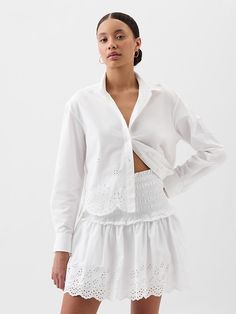 Cropped Eyelet Shirt White Cotton Cropped Shirt With Button Closure, White Button-up Eyelet Blouse, White Button-up Shirt With Broderie Anglaise, White Button-up Tops With Patch Pockets, Long Sleeve Cropped Top, Chambray Skirt, Eyelet Shirt, White Cotton T-shirt With Button Closure, Compression Pants