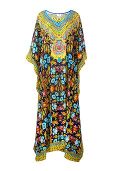 Multicolor Rayon Kaftan For Spring, Spring Multicolor Rayon Kaftan, Patterned Silk Kaftan For Beach, Silk Floral Print Patterned Kaftan, Bohemian Printed Kaftan For Resort, Maxi Length Digital Print Kaftan For Vacation, Bohemian Multicolor Rayon Kaftan, Blue Silk Kaftan For Vacation, Colorful Kaftan For Vacation