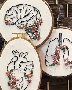 three embroidered hoops with flowers on them, one depicting the human heart and another showing the brain