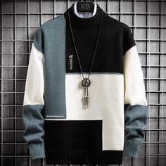 White Casual Sweatshirt, Long Sleeve Cotton Sweater With Color Matching, Black Crew Neck Sweater With Patchwork, Black Patchwork Crew Neck Sweater, Black Patchwork Sweater For Streetwear, White Color Block Sweater For Streetwear, Winter Crew Neck Patchwork Tops, Winter Crew Neck Tops With Patchwork, Winter Patchwork Crew Neck Tops