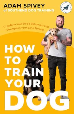 a man standing next to two dogs with the words how to train your dog on it