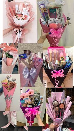 a collage of photos showing different types of flowers and gifts in pinks, blues, oranges, and reds