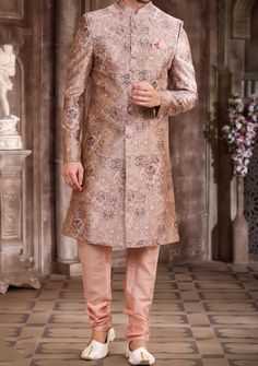 Ready-Made Sherwani With Trouser. All Over Jacquard Brocade Style Printed Fabric Top. Art Dupion Aligarhi Ready Made Trouser. Crafted in Chinese Collar Neck, and Full Sleeve. Satin Lining with Plain Work. High-Quality Matching Buttons. Please Note: The footwear shown in the picture is for presentation and photography purpose only. Color: There might be slight color variation due to lightings and flashes while photo shooting. The color may also vary because of different screen resolutions. Wash C Traditional Formal Full-length Sets, Traditional Formal Full Length Sets, Formal Art Silk Salwar Kameez For Festive Occasions, Festive Formal Art Silk Salwar Kameez, Formal Festive Sets With Straight Kurta, Designer Brocade Salwar Kameez For Eid, Designer Traditional Wear For Eid, Full Length, Full-length Traditional Wear With Pallu For Wedding, Full Length Kurta With Zari Work For Eid