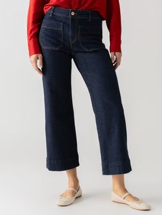 DETAILS Standard Rise Cropped Denim Trouser Wide Leg 2 Front Patch, 2 Back Pockets Button Front and Zip Fly Closure SIZE + FIT Model is 5'9 and is wearing a size 27. If in-between sizes, size down. Waist: 29" Front Rise: 10 1/2" Inseam: 27" Leg Opening: 20" FABRIC + CARE 99% Cotton 1% Spandex Comfort Stretch Denim Machine Wash Cold, Tumble Dry Low. Imported BETTER COTTON MEMBERS By choosing our cotton products, you support our investment in Better Cotton's mission. This product is sourced via a mass balance system and therefore may not contain Better Cotton. To learn more, go to bettercotton.org/massbalance. Linen Leggings, Stretch Denim Pants, Denim Short Dresses, The Marine, Cargo Jeans, Denim Trousers, Outerwear Sweater, Cropped Denim, Denim Pant