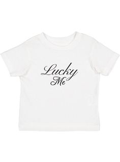 Lucky Me Tee Cute Custom Print T-shirt For Streetwear, Cute Cotton T-shirt With Name Print, Everyday White Ring-spun Cotton Tops, Trendy White Printed Pre-shrunk T-shirt, Everyday Graphic Tee With Custom Print, Everyday Graphic Tee With Screen Print, Cotton Graphic Tee For Babies With Name Print, Band Merch Cotton T-shirt With Custom Print, Custom Print Cotton T-shirt Band Merch