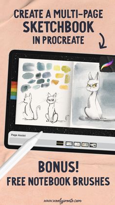 an advertisement for a multi - page sketch book in procreate with cats and rainbows on the screen