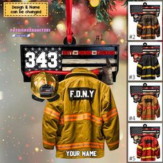 fireman's uniform hanging on the wall in front of christmas tree with name and number