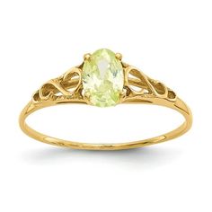 14k Madi K Synthetic Peridot Ring. Material: Primary - Purity:14K|Band Width:1 mm|Material: Primary:Gold|Product Type:Jewelry|Jewelry Type:Rings|Sold By Unit:Each|Material: Primary - Color:Yellow|Ring Type:Fashion Size: 7.  Gender: unisex.  Age Group: adult. Peridot Birthstone Ring, Gold Peridot Ring, Peridot Birthstone, Yellow Rings, Green Rings, Peridot Stone, Rose Jewelry, Yellow Gold Setting, Peridot Gemstone