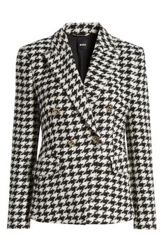 Ornate buttons accentuate the sophisticated style of this impeccably structured houndstooth blazer. Front button closure Peaked lapels Front flap pockets Back vent Lined 30% acrylic, 29% virgin wool, 26% recycled cotton, 11% polyester, 4% other fibers Dry clean Imported Tailored Double-breasted Houndstooth Tweed Jacket, Chic Houndstooth Blazer With Notch Lapel, Classic Double-breasted Houndstooth Blazer, Elegant Houndstooth Tweed Jacket For Office, Elegant Double-breasted Houndstooth Tweed Jacket, Luxury Houndstooth Blazer For Office, Elegant Houndstooth Blazer For Workwear, Office Tweed Jacket With Notch Lapel And Houndstooth Pattern, Elegant Houndstooth Tweed Jacket For Workwear