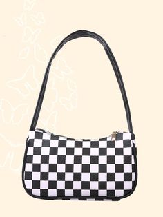 BagForLove-Checkered Print Crossbody Bag - Women Shoulder Bags Black Tote Baguette Bag For School, Black Baguette Bag Tote For School, Retro Black Baguette Bag For Daily Use, Black Baguette Bag With Zipper For School, Retro Black Shoulder Bag For School, Chic Black Baguette Bag For School, Retro Black Bag With Zipper Closure, Trendy Baguette Bag With Zipper For School, Trendy Baguette Bag For School