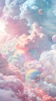 the sky is filled with clouds and bubbles