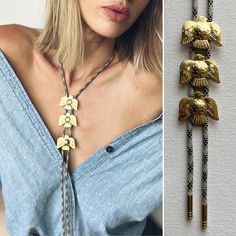 Triple brass Thunderbird Bolo tie necklace on patterned nylon cord.  Each piece slides on cord to customize fit. Women’s Bolo Tie Fashion, Bolo Tie Outfit, Bolo Tie Women Outfit, Tie Women Outfit, Bolo Tie Women, Bolo Tie Necklace, Tie Outfit, Tie Necklace, Bolo Ties