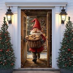 an image of a santa clause coming out of the door with food in his basket