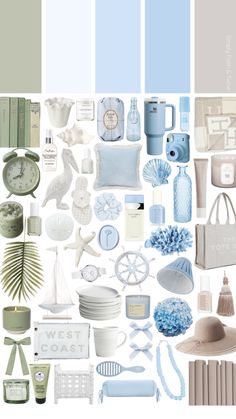 a collage of blue and white items