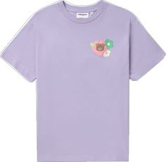 Trendy Purple T-shirt With Logo Print, Purple Crew Neck T-shirt With Front Print, Spring Purple T-shirt With Graphic Print, Trendy Purple Tops With Logo Print, Purple Graphic Tee With Graphic Print, Graphic Print Purple T-shirt, Graphic Purple T-shirt With Graphic Print, Summer Purple Logo Print T-shirt, Lavender Trendy T-shirt For Summer