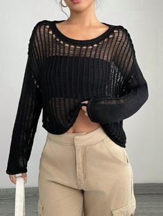 Autumn Clothing Black Tops Knitted Hollow Asymmetric Hem Women's Sweater Black Casual  Long Sleeve Knitwear Plain Pullovers Slight Stretch  Women Clothing, size features are:Bust: ,Length: ,Sleeve Length: Crochet Sweatshirt, Ripped Sweater, Autumn Clothing, Black Knit Sweater, Clothing Black, Black Crochet, Kids Sleepwear, Casual Sweaters, Black Knit