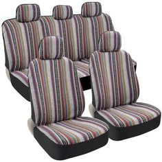 four seat covers with multicolored stripes and black piping on the bottom row