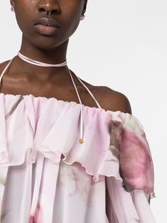 Spring Silk Off-shoulder Blouse, Off-shoulder Silk Blouse For Spring, Off-shoulder Floral Print Party Blouse, Elegant Off-shoulder Floral Print Tops, Pink Floral Print Evening Top, Pink Floral Print Top For Evening, Pink Off-shoulder Blouse With Floral Print, Floral Runway, Printed Silk Blouses