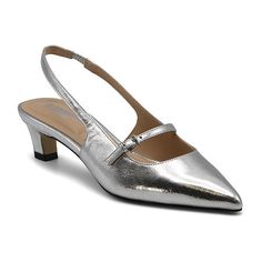 Closure Type: Slingback, BuckleShoe Heel Height: 2 InchesUpper/Outer Base Material: 100% SyntheticShoe Lining Material: SyntheticSole Material Content: 100% SyntheticToe Type: Pointed Toe, Closed ToeShoe Strap Type: Slingback StrapCare: Spot CleanHeel Style: Kitten HeelCountry of Origin: Imported Silver Closed Toe Slingback Pumps With Heel Strap, Silver Pointed Toe Slingback Pumps With Removable Insole, Silver Slingback Pumps With Pointed Toe And Removable Insole, Silver Ankle Strap Heels For Office, Sling Back Flats, Senior Homecoming, Silver Pumps, Kitten Heel Pumps, Slingbacks