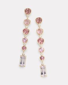 18K Yellow Gold Ombré Pear Shape and Emerald Cut Drop Earrings with Pink Tourmaline, Kunzite and Diamonds, .3 TCW2 1/4 Inches Long x 1/4 Inch Wide Style# YEOWPPTW Elegant Tourmaline Earrings With Gemstone Accents, Luxury Gold Tourmaline Earrings, Luxury Tourmaline Earrings As Gift, Luxury Tourmaline Earrings For Gift, Elegant Tourmaline Earrings With Natural Stones, Elegant Pink Earrings With Stones, Emerald Cut Drop Earrings, Dress Reference, Rose Gold Jewelry