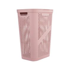 a pink trash can with holes on the front and sides, sitting against a white background