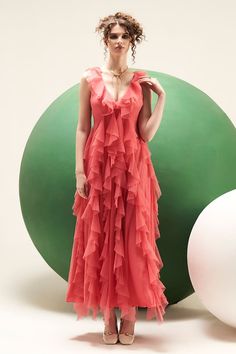 Coral pink tulle maxi dress with ruffles all over. - Aza Fashions Tulle Maxi Dress, Shirt Jacket Men, Dress Colour, Maxi Dress For Women, Pink Maxi, Dresses Xxl, Pink Tulle, Necklines For Dresses, Ruffled Maxi Dress